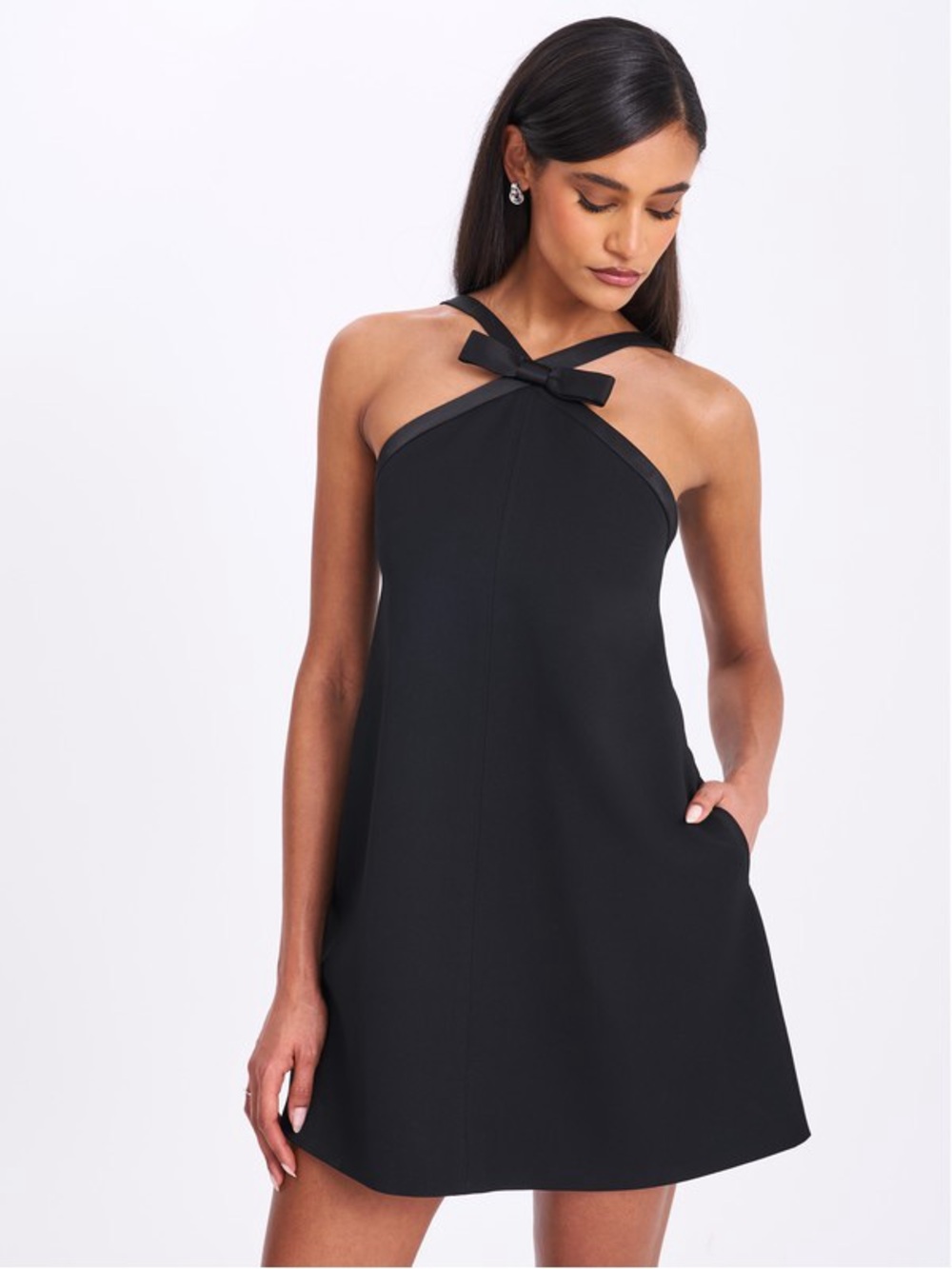 CAITLIN BLACK SATIN TRIM MINI DRESS WITH BOW